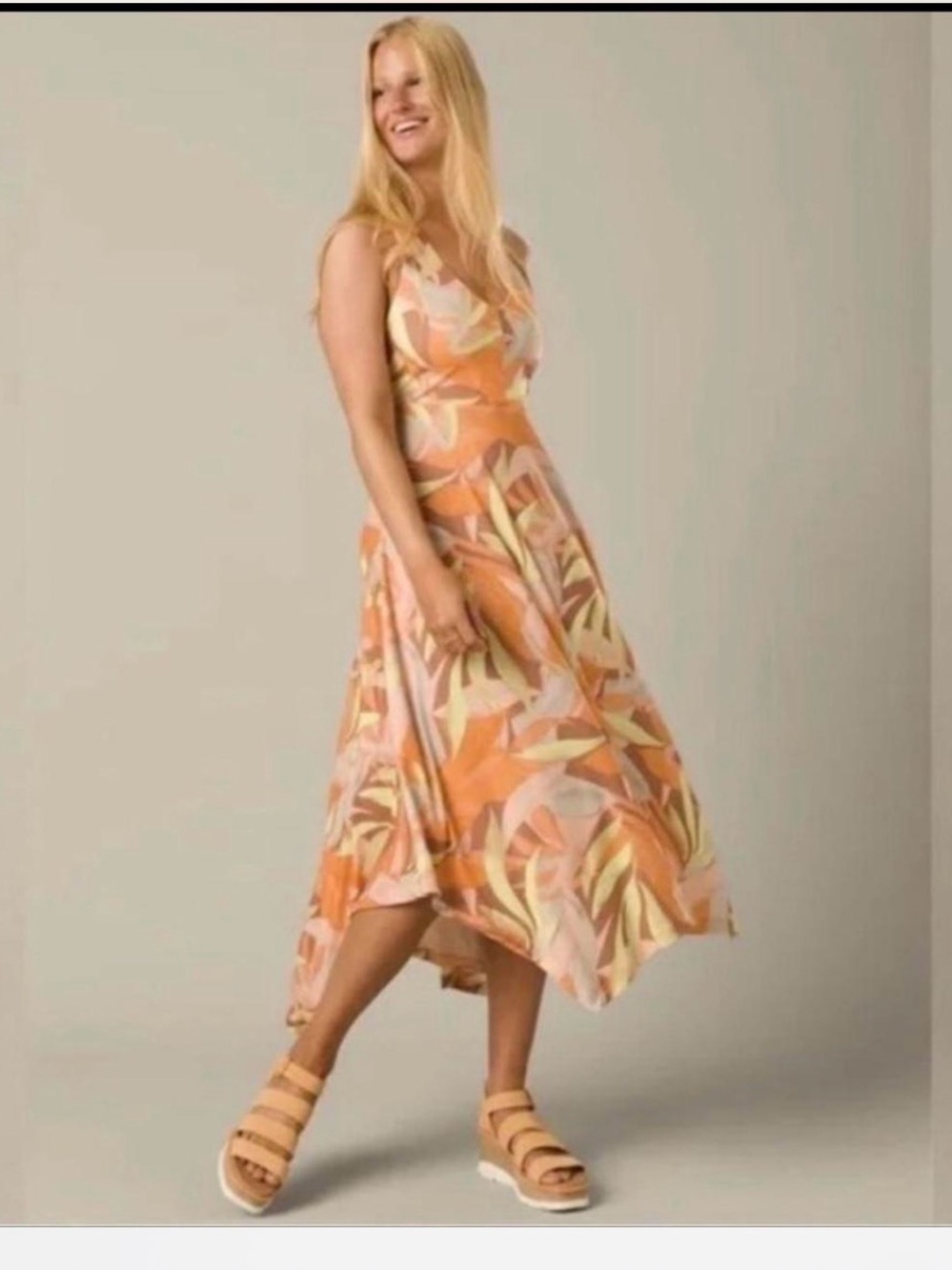 Prana Orange & Cream Tropical-Print Sleeveless Midi Dress